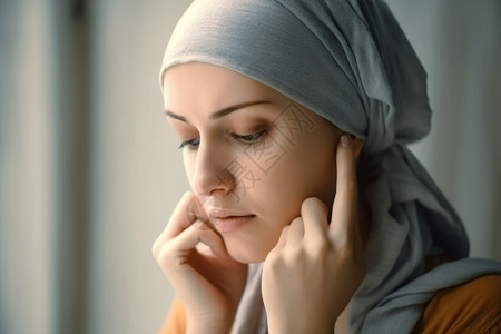 癌症药物由于癌症化疗没了头发用头巾裹着脑袋的女病人背景