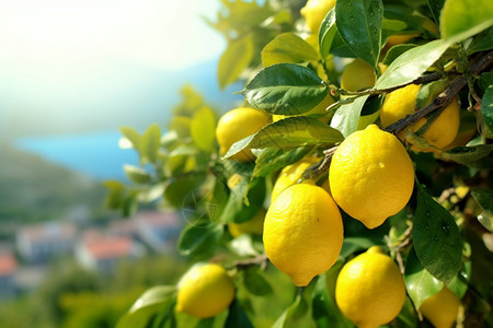 柠檬果园枝头上的柠檬背景