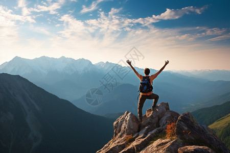 登上山顶的男人高清图片