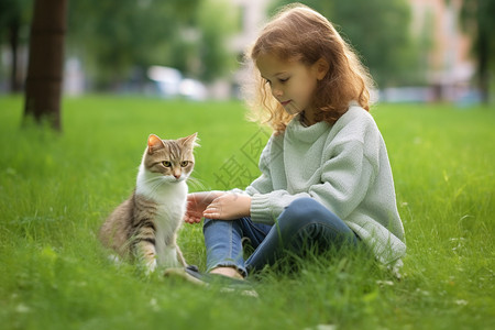猫咪和女孩草地上和小猫咪玩耍的女孩背景
