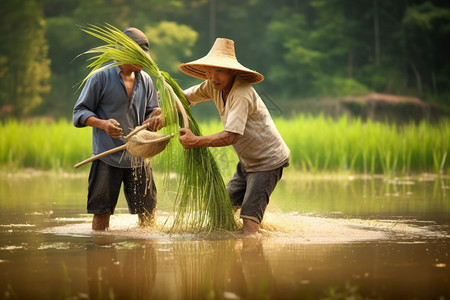 热带地区水稻种植田的农民图片