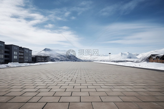 雪山下的砖面广场地面图片