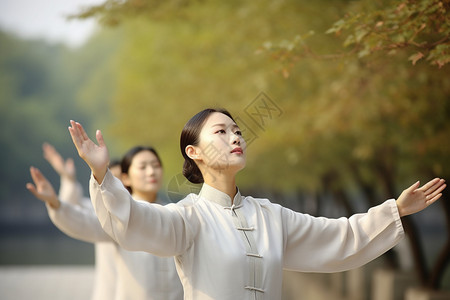 38妇女节海报公园里练太极的女性背景