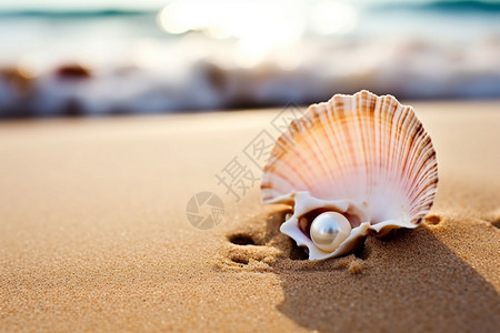 海洋珍珠沙滩上的珍珠贝壳背景