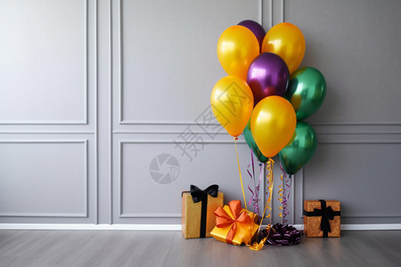 不同颜色的气球配有礼物图片