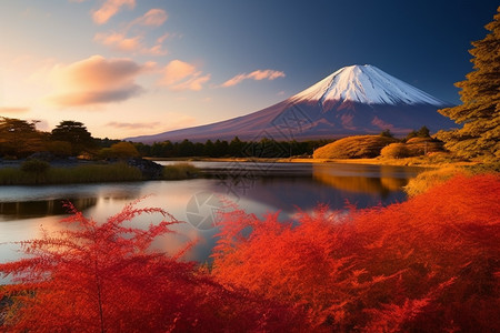 富士山枫叶秋天富士山的美丽景观背景