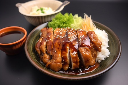 黑椒鸡扒饭撒上芝麻的鸡扒饭背景