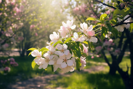 桃花绿叶长在公园里的白桃花背景
