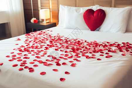 爱心玫瑰花床上放着爱心枕头背景