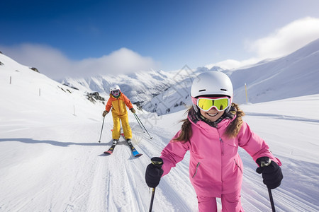 冬季雪山中滑雪的女孩图片