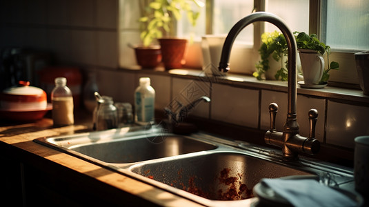 肮脏的厨房水槽背景图片