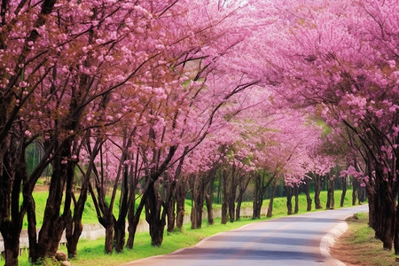 道路两旁的樱花树图片