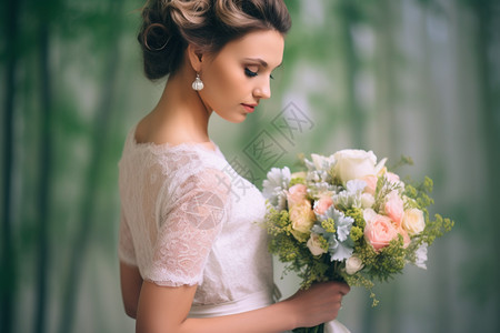 户外婚礼拿手捧花的新娘背景