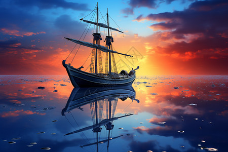 日出海面上的木船图片