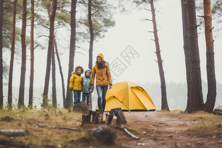 周末森林露营的一家人图片