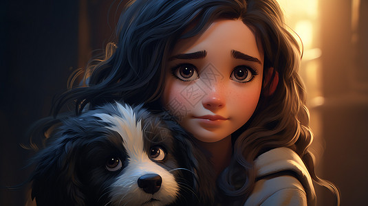 长发女孩抱着小狗插画图片