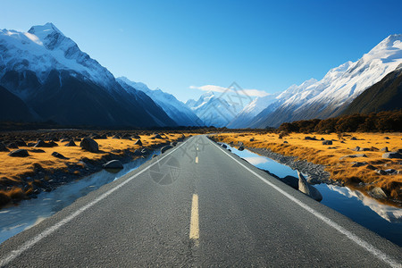 游玩新西兰雪山中的交通公路背景