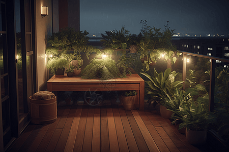 安静阳台花园与灯光图片