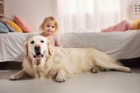 家庭内和狗狗玩耍的小女孩图片