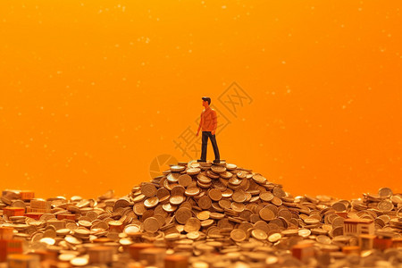 微型人物站在一堆硬币上图片