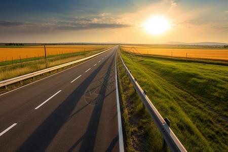 夕阳下麦田中的公路图片