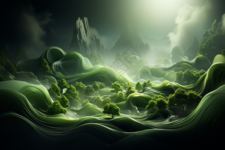 绿色幻想自然山水流体壁纸背景图片