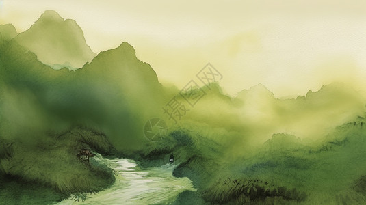 抽象的山间河流水墨画图片