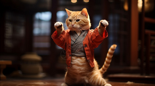 橘色小奶猫练习武术的虎斑猫背景