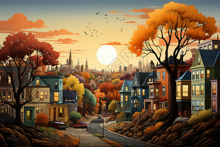 秋天色彩的卡通小镇图片