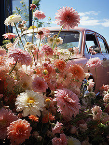 山中满鲜花的交车背景图片