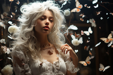 白发的女孩被蝴蝶包围着图片