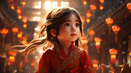 卡通风格中国风春节女孩背景图片