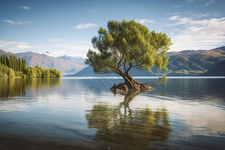 湖泊中屹立的树木图片
