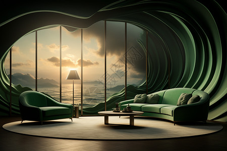 风景高清壁纸现代绿色系室内家具风景插画