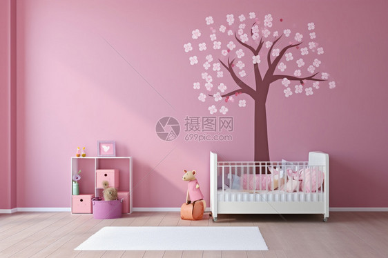 粉红色墙壁的儿童房图片