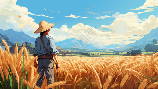 一个农民在稻田里收割小麦图片