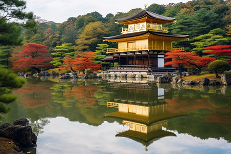 秋季湖面上的金阁寺图片