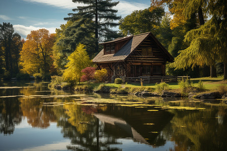 坐落在树林中乡村小屋图片