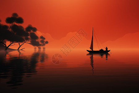 概念艺术湖面上孤独的船只图片