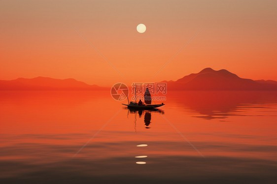 平静湖面上漂浮的船图片