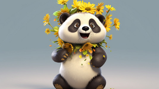 小熊猫头上的黄花图片