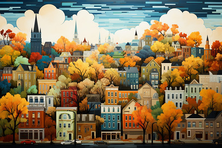 迷人的秋天色彩的城市景观图片