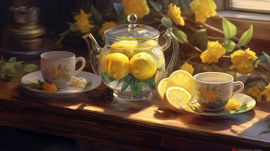 桌面上的柠檬和茶具图片