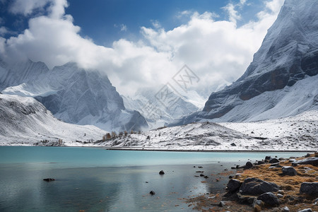 雪山脚下美丽的湖泊景观图片