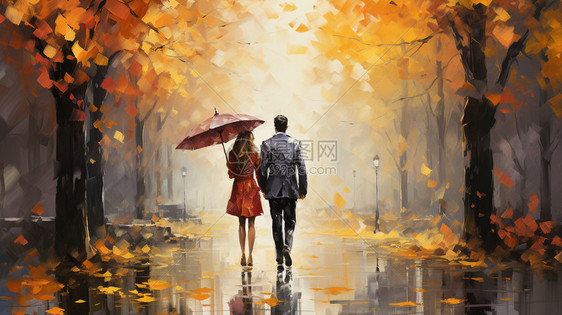秋天雨后城市街头散步的情侣图片