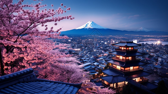 夜晚城市富士山的美丽景观图片