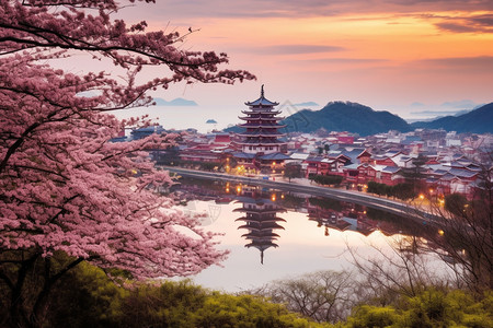 日本建筑公园的樱花风景背景