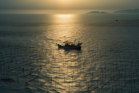 日出时大海中打鱼的渔船图片