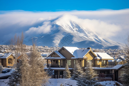 冬季雪山下的住宅区图片