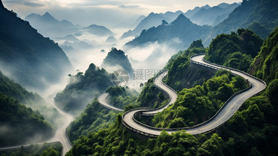 夏季郁郁葱葱的高原山区山路图片